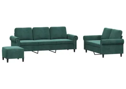 Set de canapele cu perne, 3 piese, verde închis, catifea - 2/5