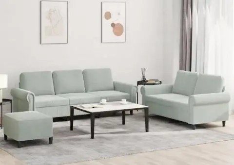 Set de canapele cu perne, 3 piese, gri deschis, catifea - 1/5