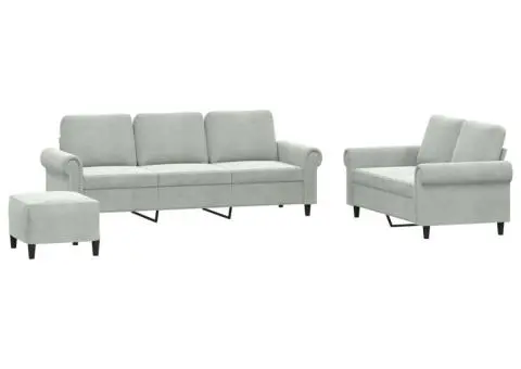 Set de canapele cu perne, 3 piese, gri deschis, catifea - 2/5