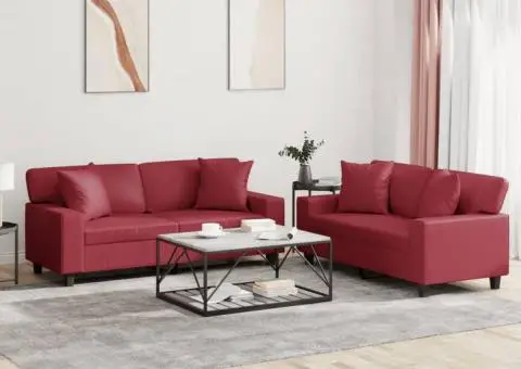 Set de canapele cu perne, 2 piese, roșu vin, piele ecologică - 1/5