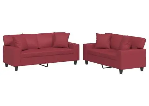 Set de canapele cu perne, 2 piese, roșu vin, piele ecologică - 2/5