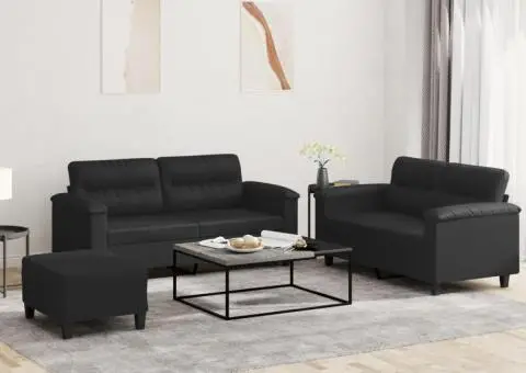 Set de canapele cu perne, 3 piese, negru, piele ecologică - 1/5