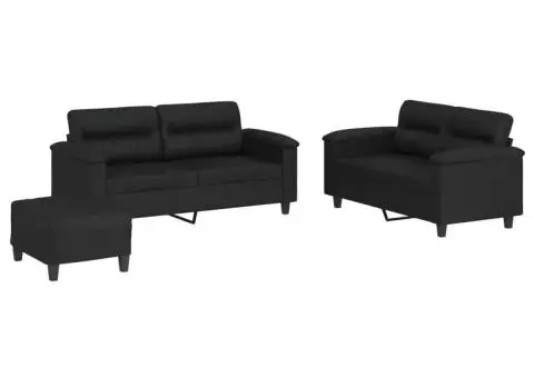 Set de canapele cu perne, 3 piese, negru, piele ecologică - 2/5