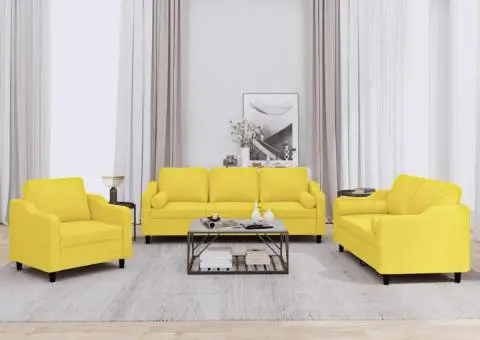 Set de canapele cu perne, 3 piese, galben deschis, textil - 1/5