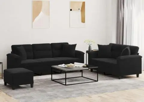 Set de canapele cu perne, 3 piese, negru, microfibră - 1/5