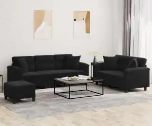 vidaXL Set de canapele cu perne, 3 piese, negru, microfibră