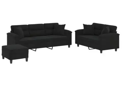 Set de canapele cu perne, 3 piese, negru, microfibră - 2/5