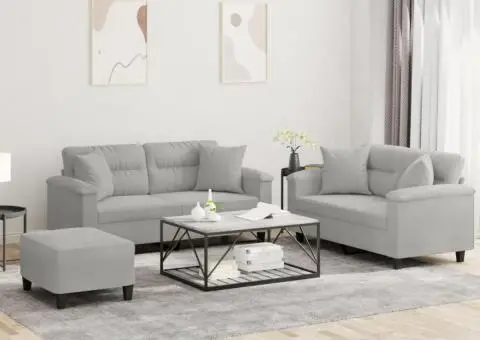 Set de canapele cu perne, 3 piese, gri deschis, microfibră - 1/5