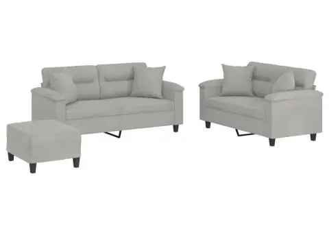 Set de canapele cu perne, 3 piese, gri deschis, microfibră - 2/5