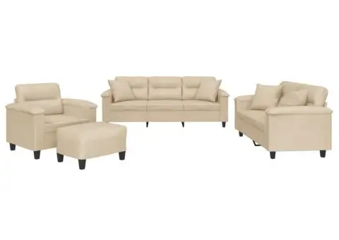 Set de canapele cu perne, 4 piese, crem, microfibră - 2/5