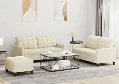 Set de canapele cu perne, 3 piese, crem, piele ecologică - 1/5