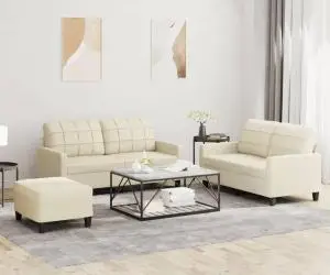 vidaXL Set de canapele cu perne, 3 piese, crem, piele ecologică