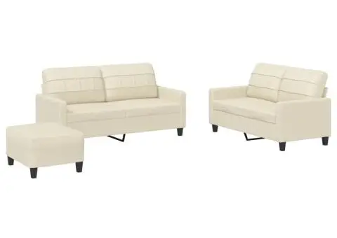 Set de canapele cu perne, 3 piese, crem, piele ecologică - 2/5