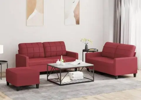 Set de canapele cu perne, 3 piese, roșu vin, piele ecologică - 1/5