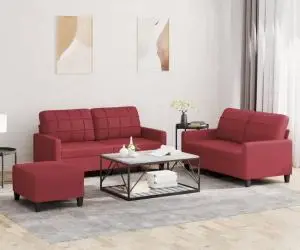 vidaXL Set de canapele cu perne, 3 piese, roșu vin, piele ecologică