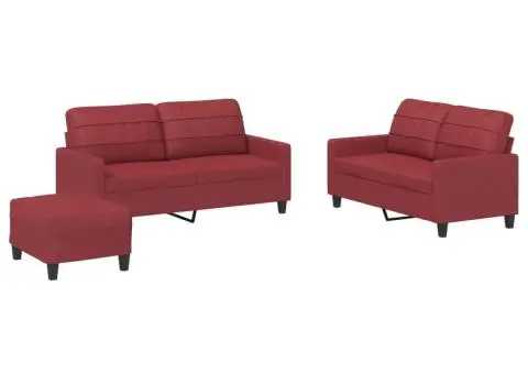 Set de canapele cu perne, 3 piese, roșu vin, piele ecologică - 2/5