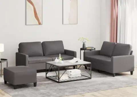 Set de canapele cu perne, 3 piese, gri, piele ecologică - 1/5