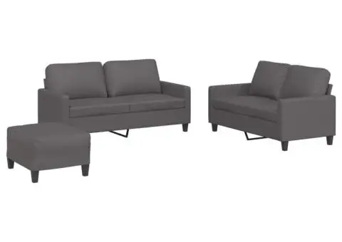 Set de canapele cu perne, 3 piese, gri, piele ecologică - 2/5