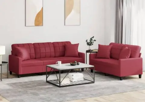 Set de canapele cu perne, 2 piese, roșu vin, piele ecologică - 1/5