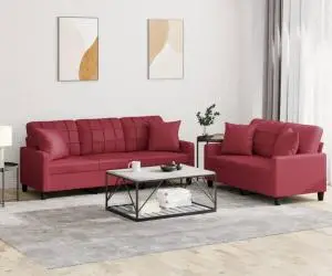 vidaXL Set de canapele cu perne, 2 piese, roșu vin, piele ecologică