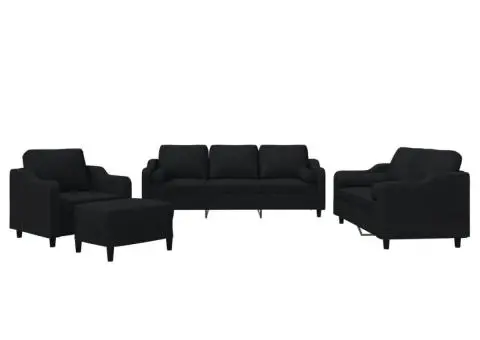 Set de canapele cu perne, 4 piese, negru, material textil - 2/5