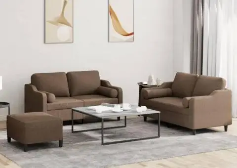 Set de canapele cu perne, 3 piese, maro, textil - 1/5