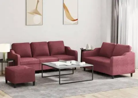 Set canapea cu perne, 3 piese, roșu vin, material textil - 1/5