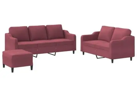Set canapea cu perne, 3 piese, roșu vin, material textil - 2/5