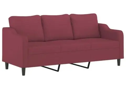 Set canapea cu perne, 3 piese, roșu vin, material textil - 4/5