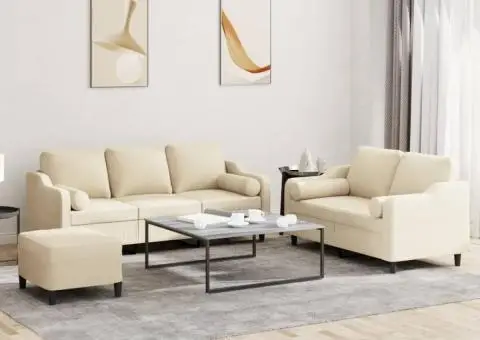 Set de canapele cu perne, 3 piese, crem, textil - 1/5