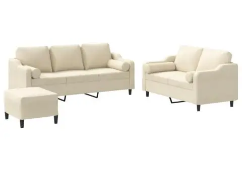 Set de canapele cu perne, 3 piese, crem, textil - 2/5