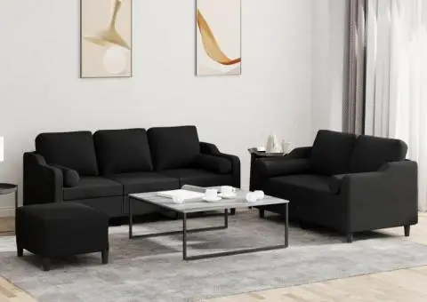 Set de canapele cu perne, 3 piese, negru, textil - 1/5