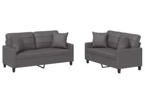 Set de canapele cu perne, 2 piese, gri, piele ecologică - 2/5