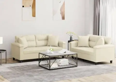 Set de canapele cu perne, 2 piese, crem, piele ecologică - 1/5