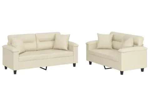 Set de canapele cu perne, 2 piese, crem, piele ecologică - 2/5