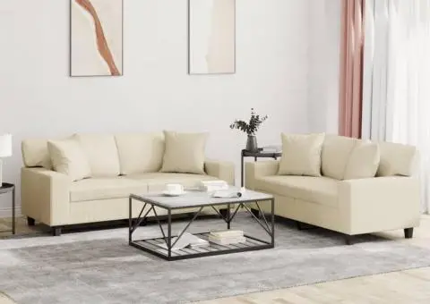 Set de canapele cu perne, 2 piese, crem, piele ecologică - 1/5