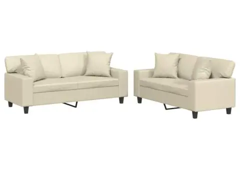 Set de canapele cu perne, 2 piese, crem, piele ecologică - 2/5