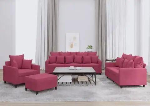 Set canapele cu perne, 4 piese, roșu vin, catifea - 1/5