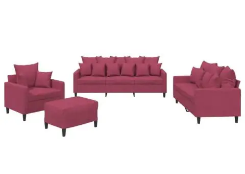 Set canapele cu perne, 4 piese, roșu vin, catifea - 2/5