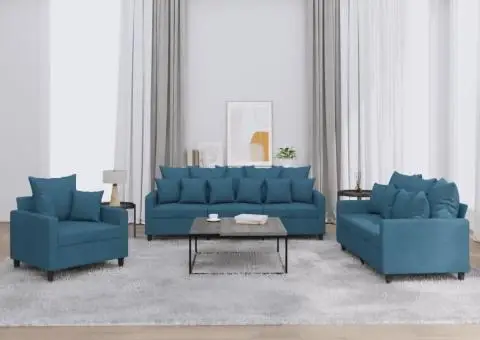 Set de canapele cu perne, 3 piese, albastru, catifea - 1/5