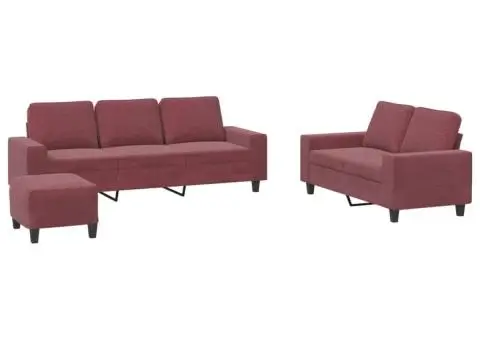 Set de canapea, 3 piese, roșu vin, material textil - 2/5