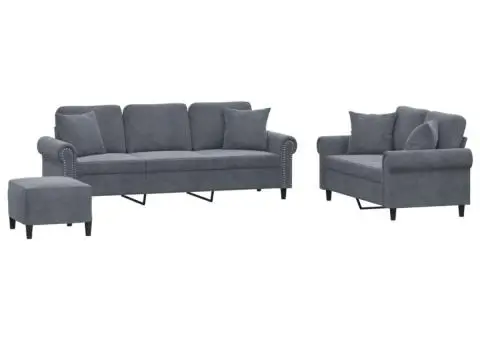Set canapea cu perne, 3 piese, gri închis, catifea - 2/5