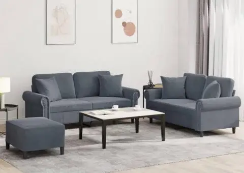 Set canapea cu perne, 3 piese, gri închis, catifea - 1/5