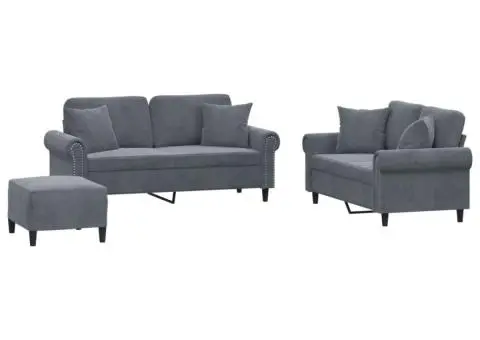 Set canapea cu perne, 3 piese, gri închis, catifea - 2/5