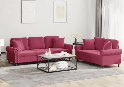 Set canapele cu perne, 2 piese, roșu vin, catifea - 1/5