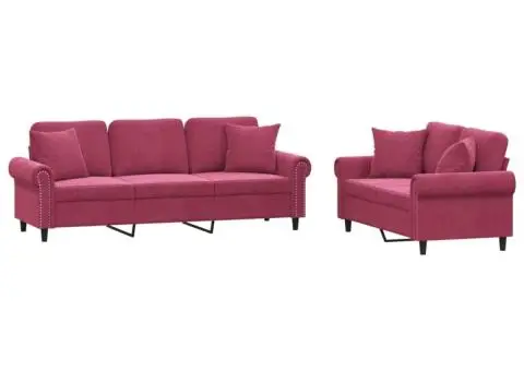 Set canapele cu perne, 2 piese, roșu vin, catifea - 2/5