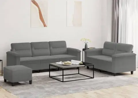 Set de canapele cu perne, 3 piese, gri închis, microfibră - 1/5