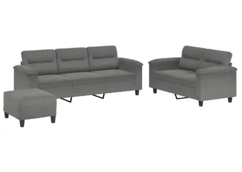 Set de canapele cu perne, 3 piese, gri închis, microfibră - 2/5