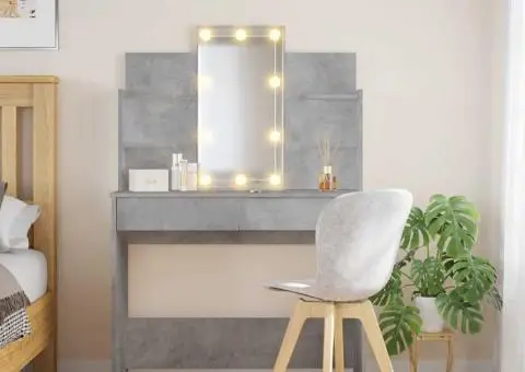 Masă de toaletă cu LED-uri, gri beton, 96x40x142 cm - 1/5