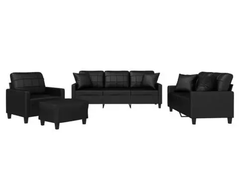 Set de canapele cu perne, 4 piese, negru, piele ecologică - 2/5